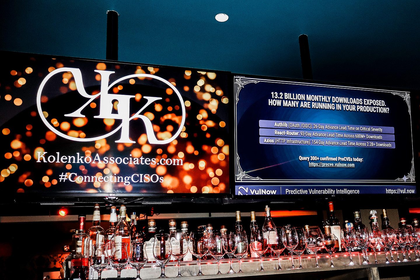 Kolenko & Associates branding displayed above the bar at the Black Hat CISO Soirée, Las Vegas 2026