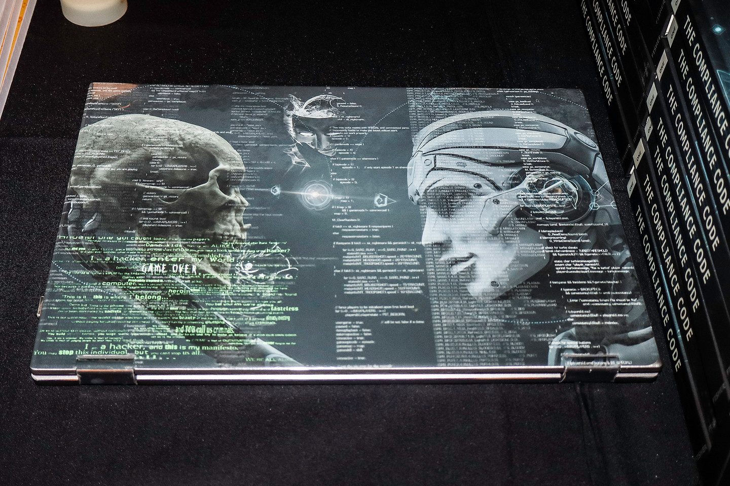 An engraved glass artwork on display at the venue