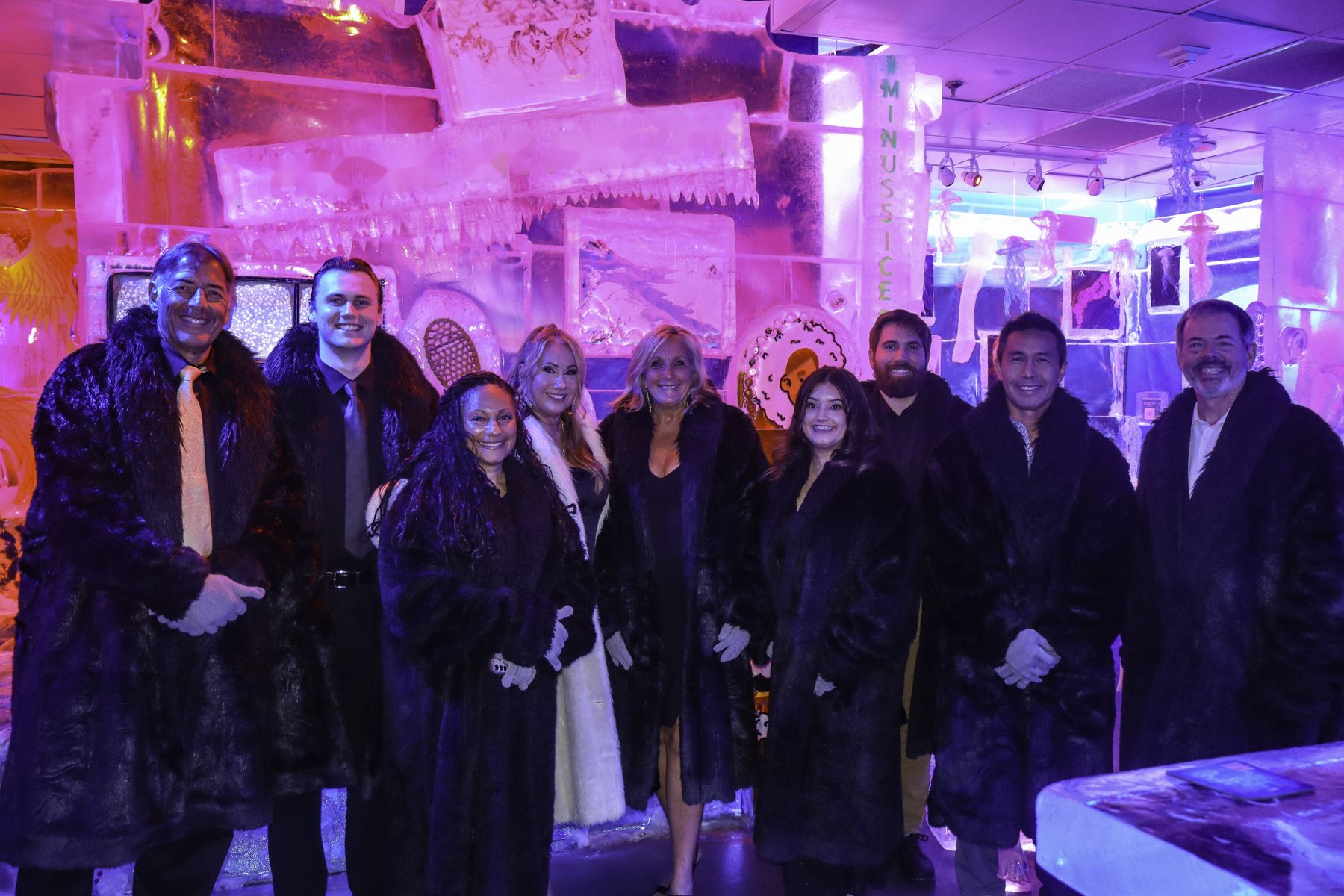 Ten guests in fur coats inside the minus5 ICEBAR at the Black Hat CISO Soirée, Las Vegas, August 2026